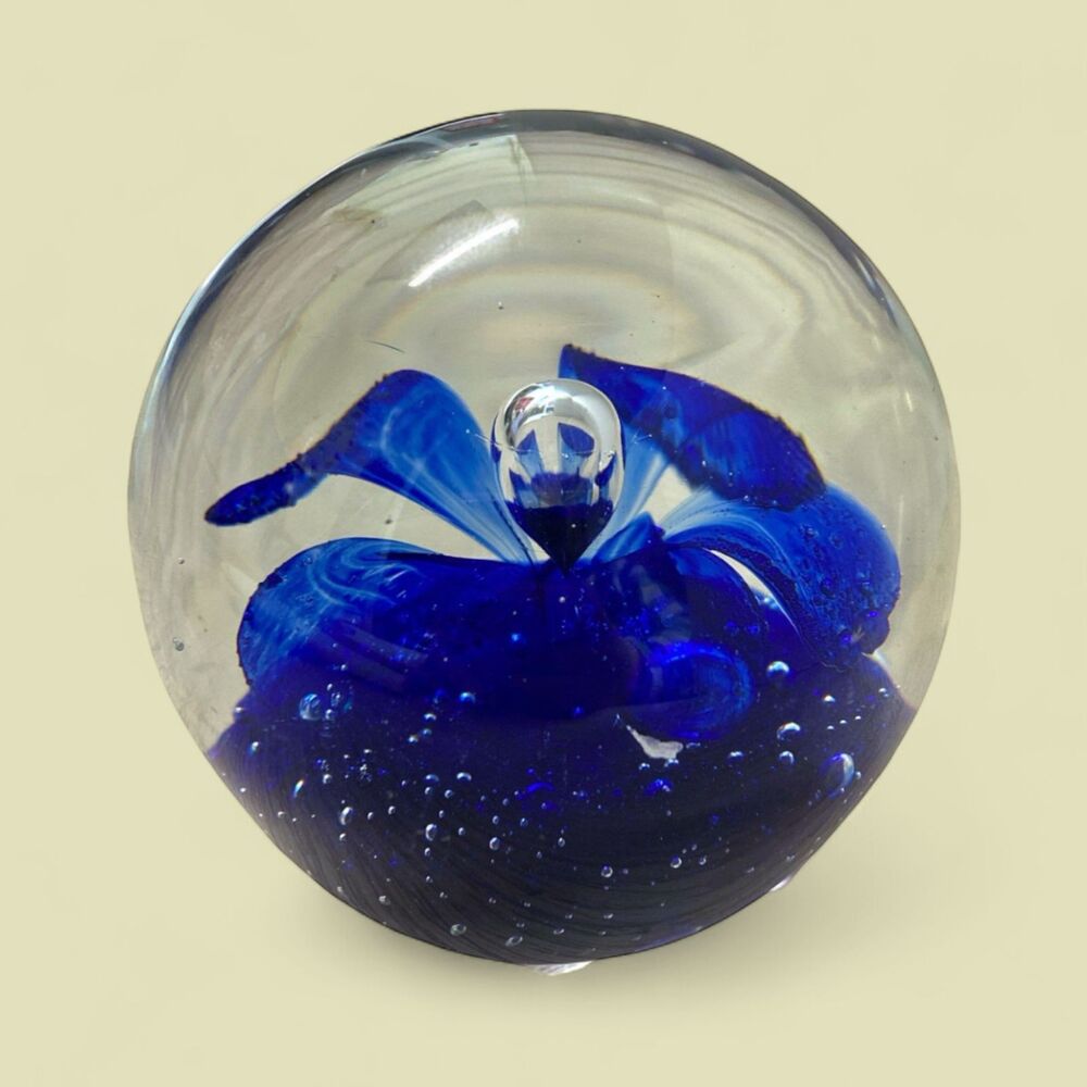 Murano Style Glass Paperweight: Blue Flower Bubble Globe, 3" Desk Decor